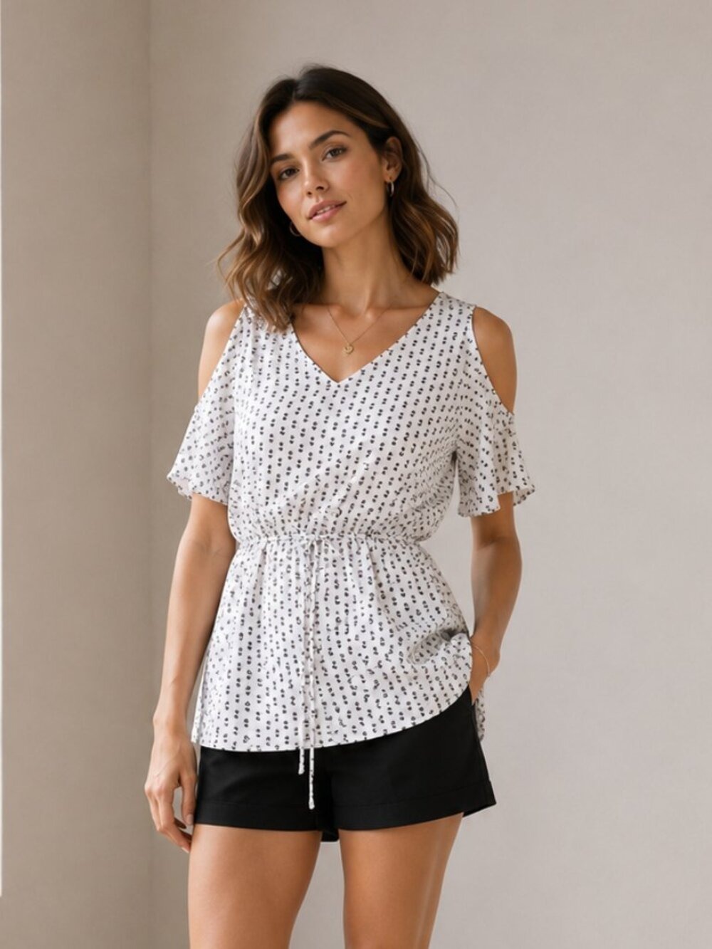 #120 Ann Taylor White Navy Polka Dot Tie Waist Blouse 0485